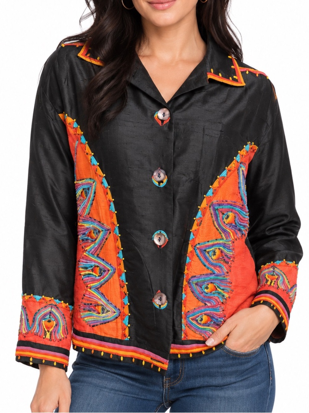 Sandy Starkman Silk Embroidered Black Jacket with Vibrant Orange Panels western